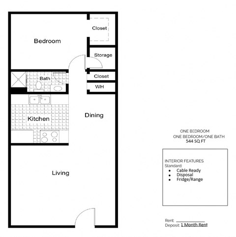 Floor plan for 1 bed, 1 bath, 544 sqft